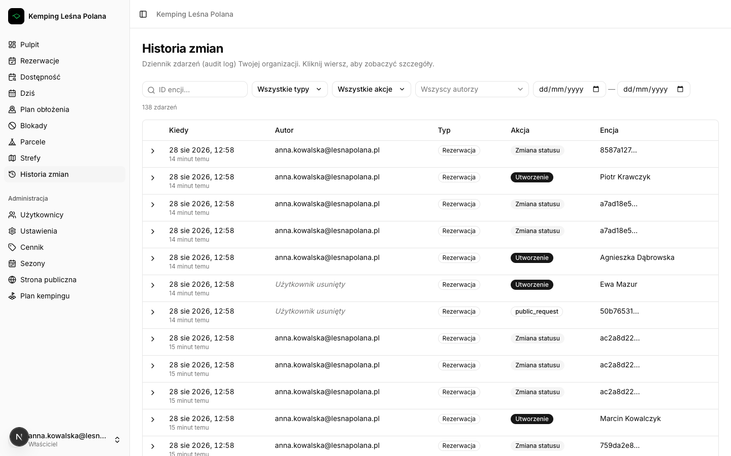 Dziennik historii zmian z autorem i datą operacji