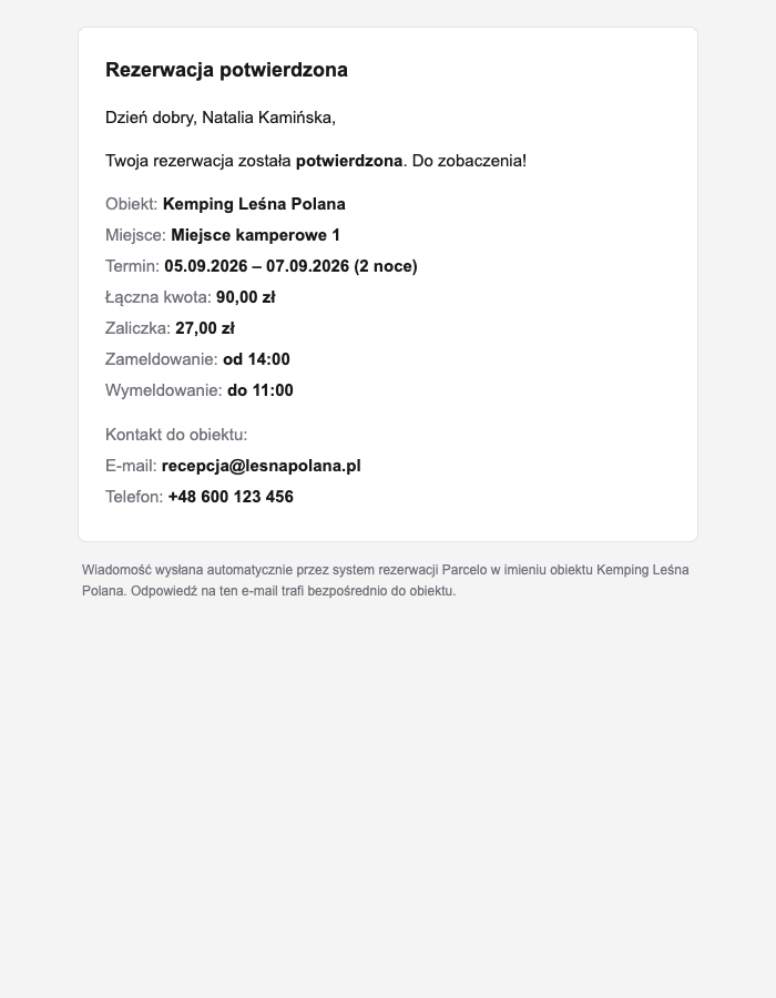Wiadomość e-mail z potwierdzeniem rezerwacji obiektu